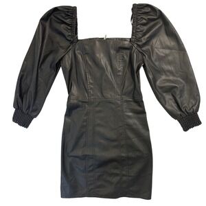 7 For All Mankind XS Faux‎ Leather Puff Sleeve Square Neck Mini Dress Black